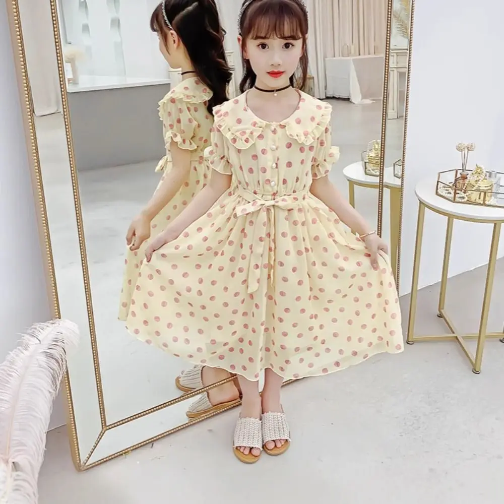 Fashion Doll Collar Girls Princess Dress Lace Up Party Summer Dot Dress Teens Sweet Children Dress Summer