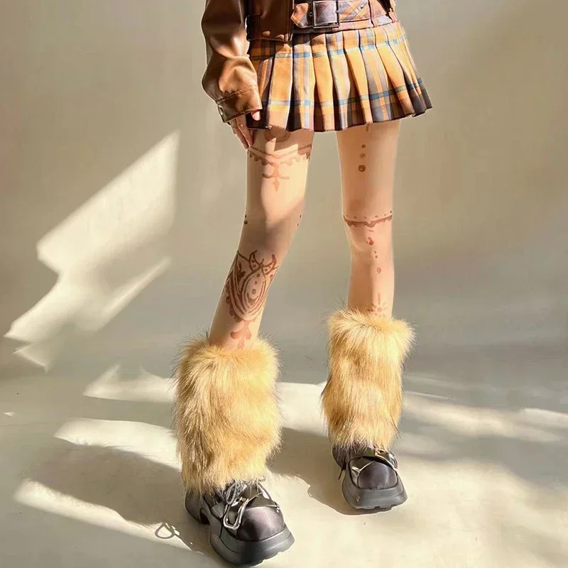 빈티지 모조 모피 모피 레그 워머 뜨거운 소녀 Y2k 갈색 털이 겨울 따뜻한 모피 부츠 양말 펑크 Jk 무릎 길이 힙합 양말
