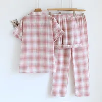 2026 New Summer Women's Pajama Set 100% Cotton Gauze Thin Short Sleeve+Shorts+Pants Simple Checkered Home Furnishing Set - Image 2