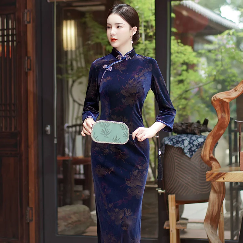 Women Flocking Cheongsam Improved Winter Plus Size Dress Chinese Style Evening Dresses Show Long Qipao Costume 4 Color chinese dress female evening dress