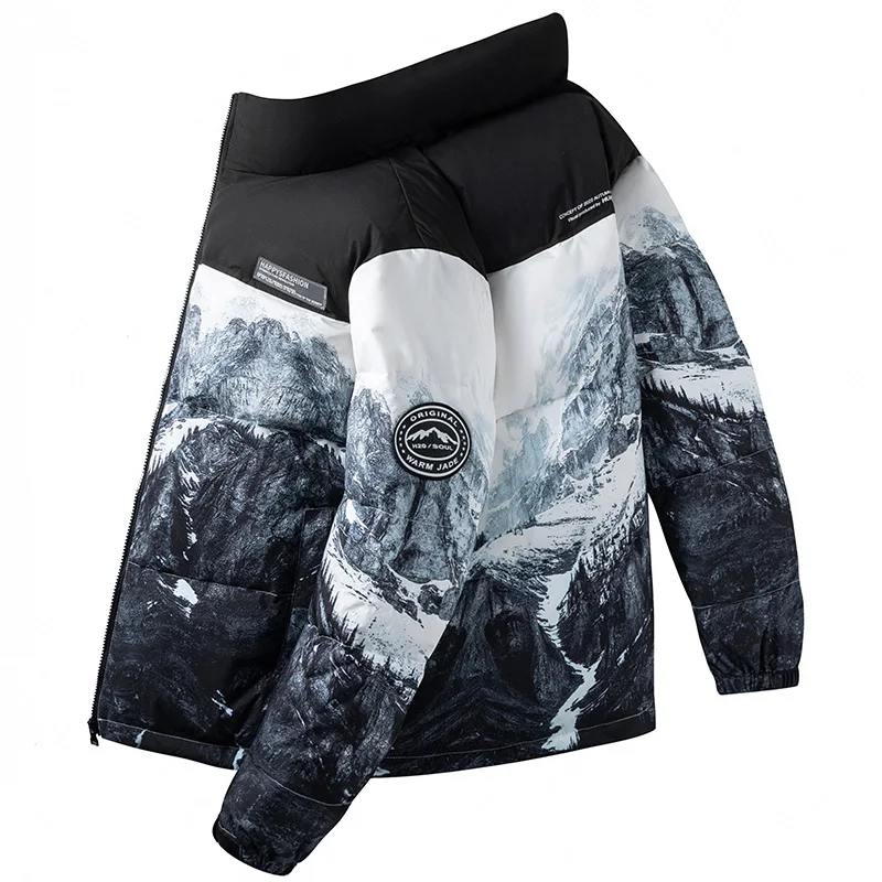 New Winter Snow Mountain Printed White Duck Down Jacket Men's Jacket Lightweight Warm Windbreaker Puffer Coat Plus Size