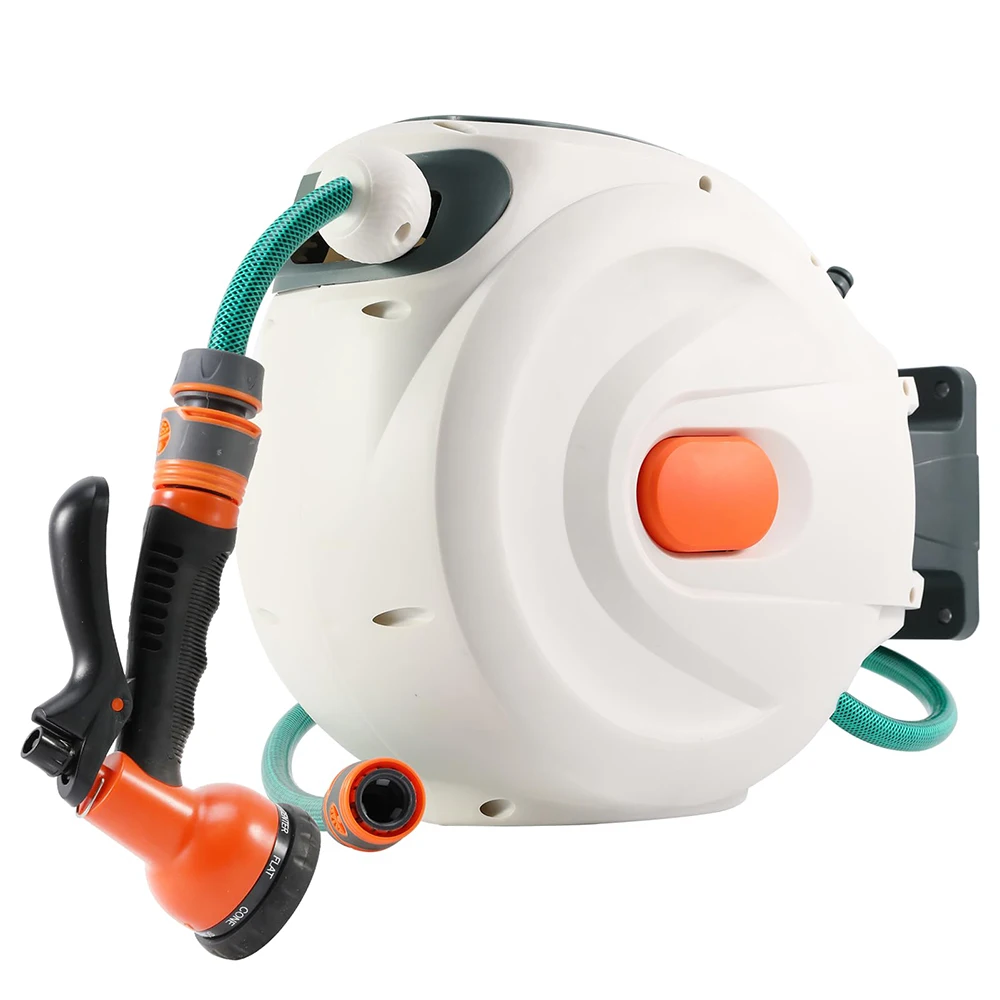 Carrete de manguera de jardín retráctil Podofo, bloqueo de cualquier longitud, carrete de manguera retráctil automático de retorno lento con boquilla rociadora para regar