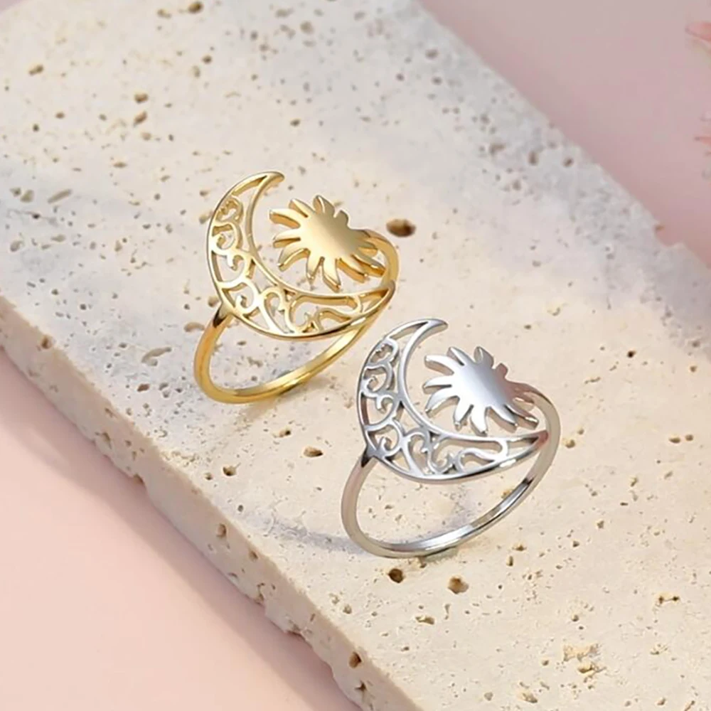 Skyrim Crescent Moon Sun Ring for Women Stainless Steel Open Finger Rings Trendy Bohemian Jewelry Birthday Gift Wholesale