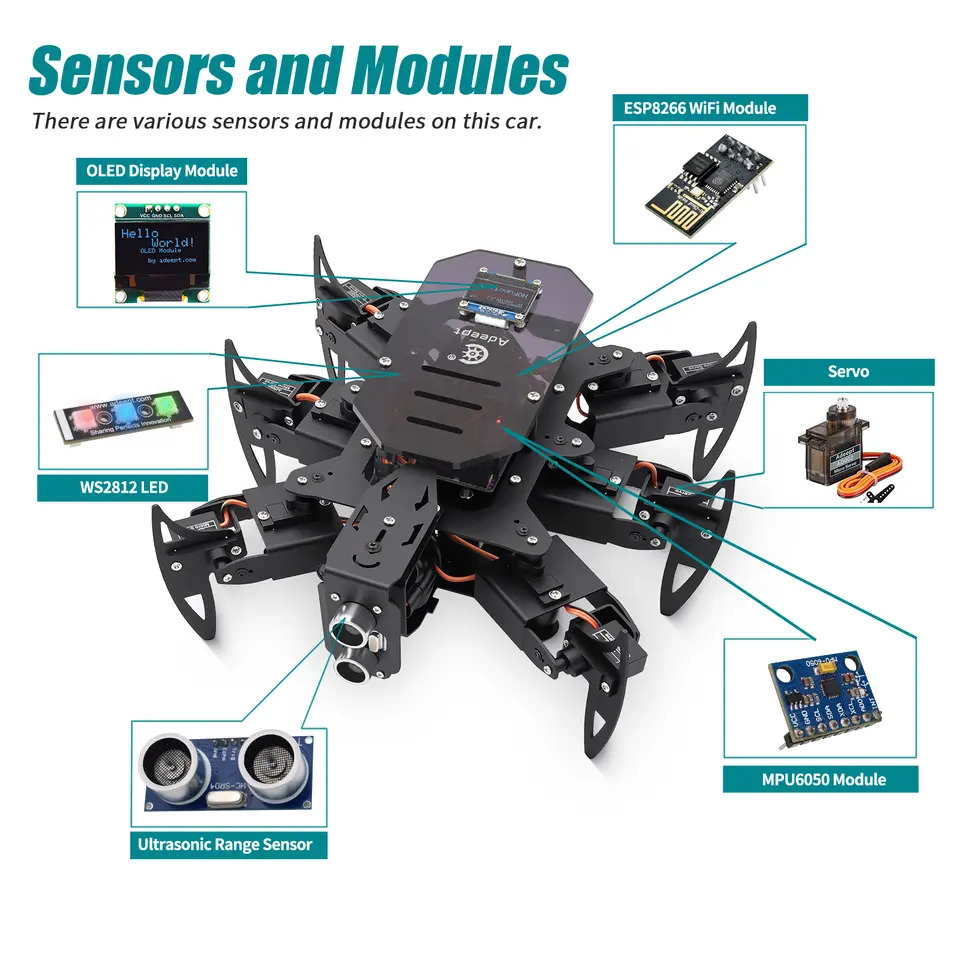 Adeept Ultimate Hexapod Spider Robot Kit, Metal Body, Arduino Programming, WiFi/IR Remote Control with OLED Display image 6