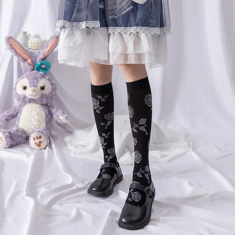 

Hot New Retro Rose Socks Lolita Cosplay Knee-High Leg Socks Stocking JK Flowers Dark Black Silk Stockings