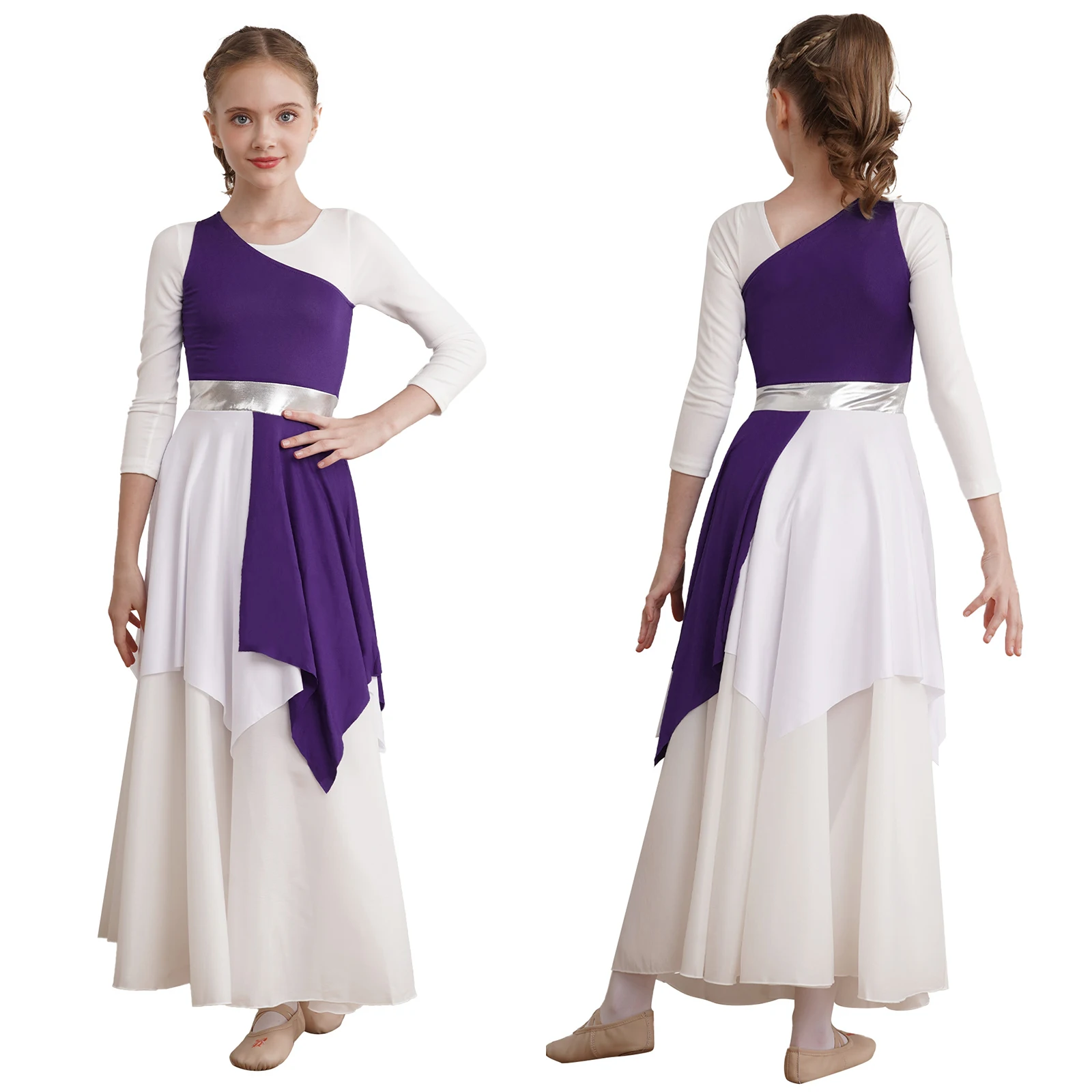 

6-16Y Girls Praise Lyrical Dance Ballroom Waltz Performance Costume Sleeveless Single Shoulder Dress for Church Choir Worship