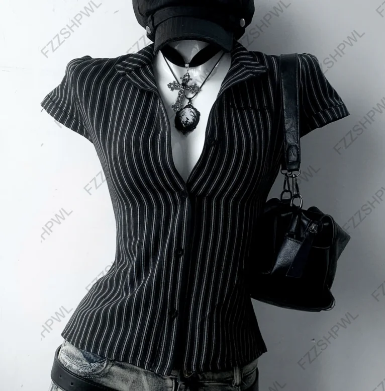 Goth Summer Slim Streetwear EMO Women Fashion Y2K Shirts Harajuku Streak Print Aesthetics Vintage Button Short sleeved Top 1