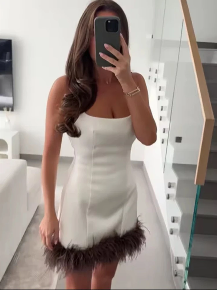 Sexy Feather Splice Backless Sling Dress Women Chic Sleeveless Satin Elegant Slim Mini Dresses Lady Evening Party Dresses ﻿