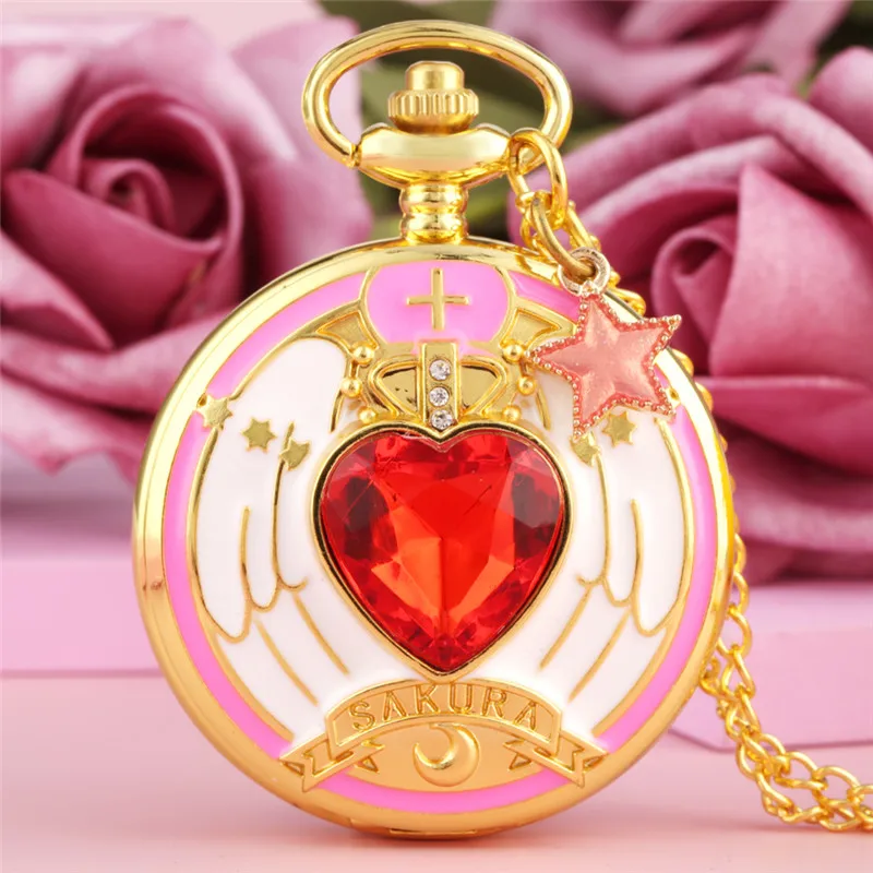 Cute 3D Red Heart Cover Pendant Moon/Cat/Pentagram Gadget Women Girl Japan Anime Quartz Pocket Watch Necklace Chain Timepiece