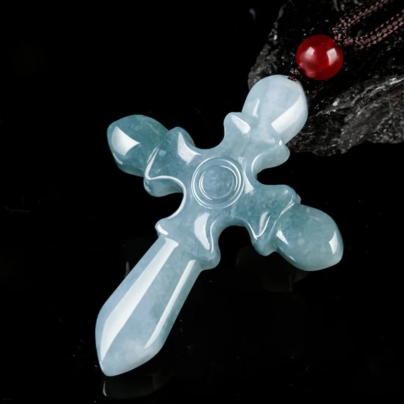 Genuine Natural Burmese Blue Emerald Cross Jade Pendant Necklace Carved Fashion Charm Jewelry Amulet Gifts for Women Men Luxury