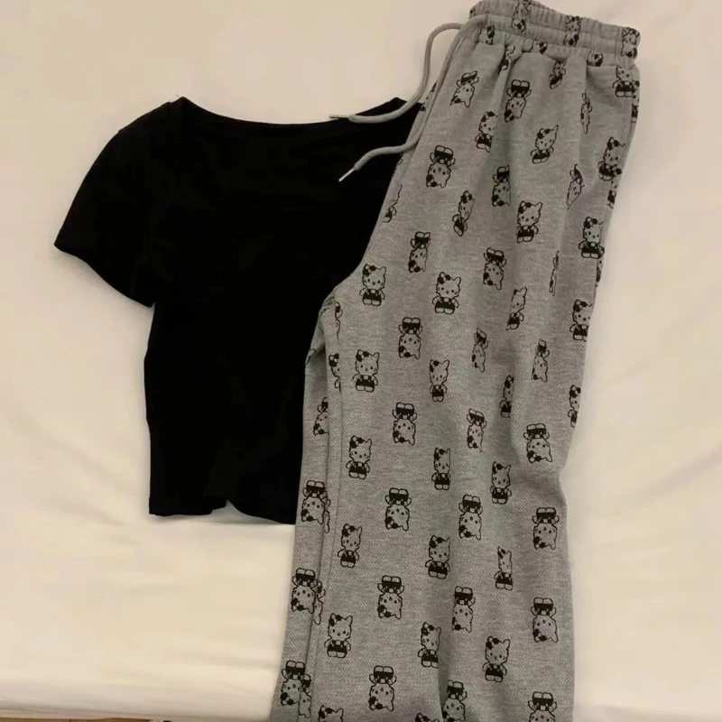 Preppy Style Summer Women's 2024 New Spliced Pocket Printed Drawstring Fashion Loose Comfortable Casual All-match Wide Leg Pants