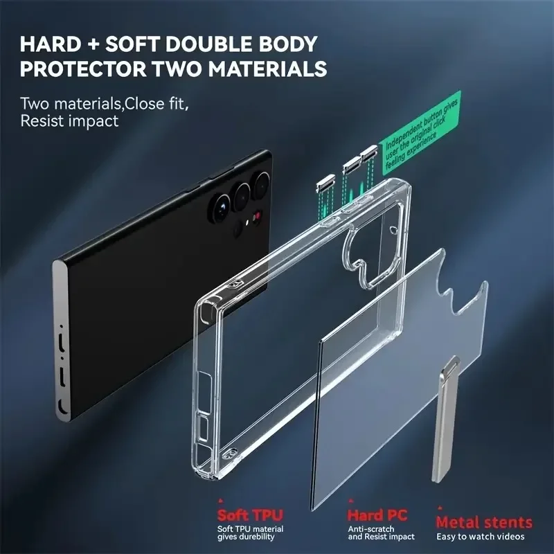 Clear Shockproof Mobile Phone Case with Metal Kickstand and Stand Feature