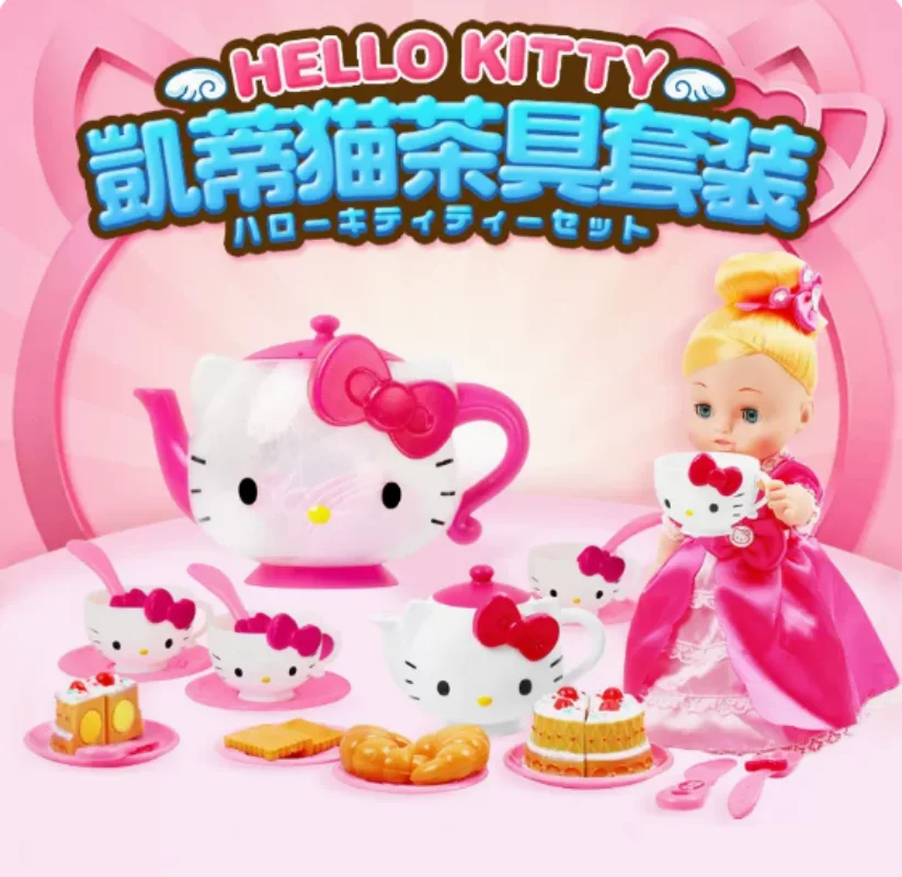 

Милый чайный набор Hello Kitty Sanrio, кавайная аниме-фигурка, чайник Kt, игрушки для кошек для девочек, подарок для детей