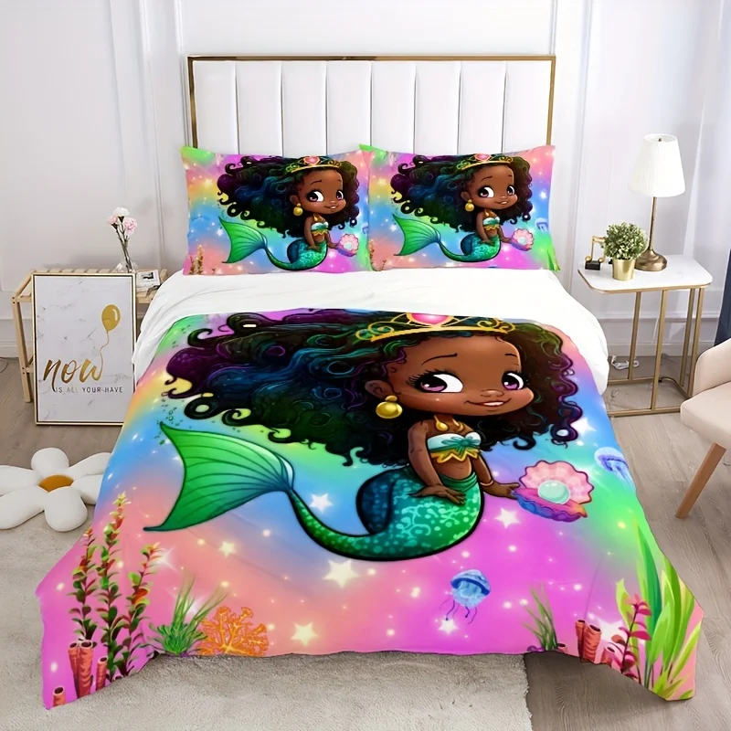 

Free Shipping 3pcs Soft and Breathable Mermaid Print Duvet Cover Set for Bedroom, Guest Room, and Dorm Decor with 2 Pillowcases