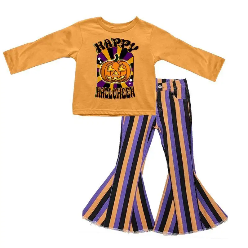 

Wholesale Kids Clothing Happy Halloween Outfits Long Sleeve Stripe Bell Bottom Pants Girls Sets
