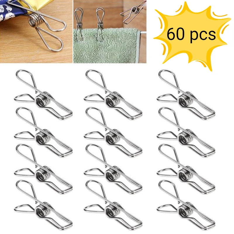 

60pcs Stainless Steel Clothes Pegs Multifunctional Hanging Clip Pins Laundry Windproof Clamp Clothespin Holders Clothing Clamps