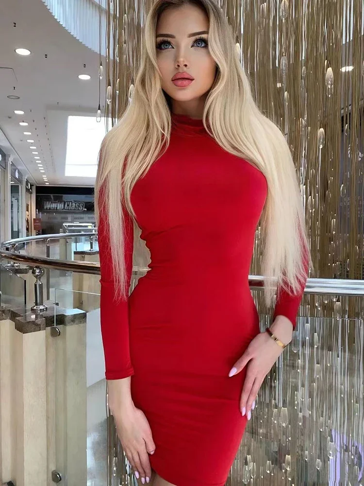 Long Sleeve Slim Bodycon Mini Dress Women Turtleneck Pleated Party Ruched Short Evening Club Outfit 5