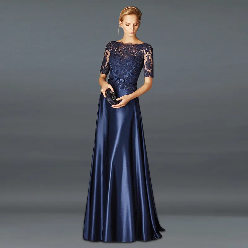 

Navy Blue Mother Of The Bride Dresses A-line Satin Half Sleeves Lace Hot Drill Appliques Long Party Wedding Evening Prom Dress
