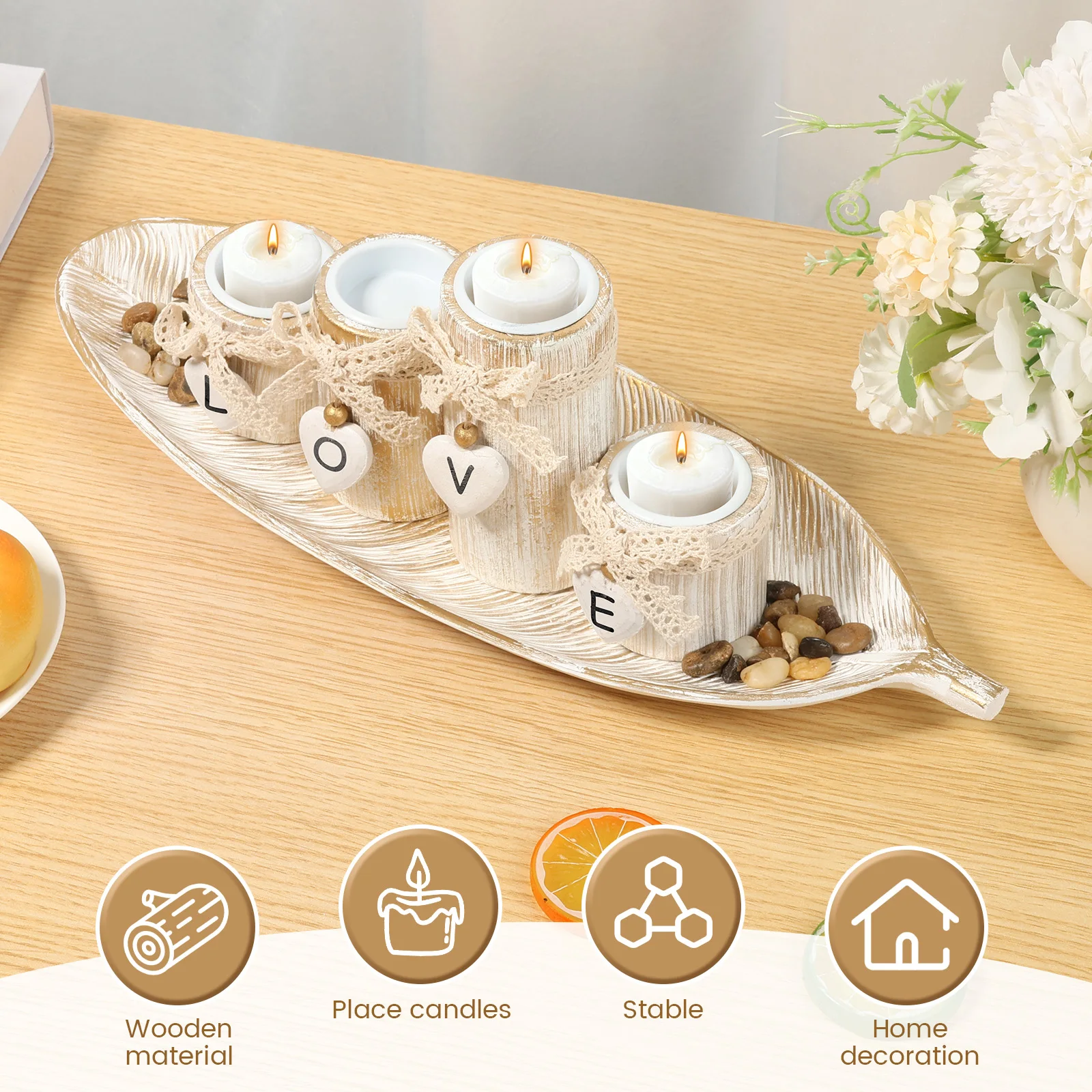 Wooden Candle Holder with Tray and Pebble Tealight Candle Holder for Table Wedding Party Home Decor Retro Candle Stand Xmas Gift