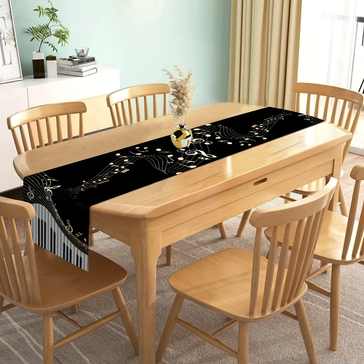 Piano Keyboard Music Notes Pattern Linen Table Runner Elegant Dresser Scarf for Washable Kitchen School Holiday Party Home Decor 2