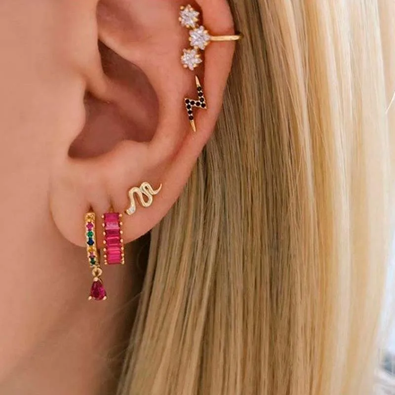 925 Silver Ear Needle Rose Red Hoop Earrings For Women Exquisite Water Drop/Flower/Heart Crystal Piercing Huggie Earring Jewelry