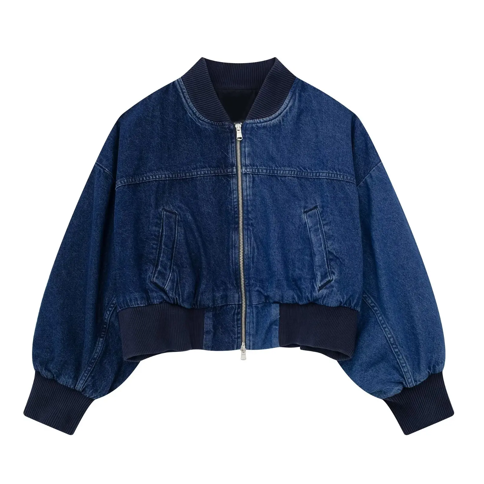 

Women's 2023 New Fashion Contrast Denim Stitching Bomber Jacket Retro Long Sleeve Zipper Women's Coat Chic Coat