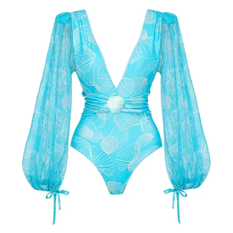 2024 New Swimsuit and Skirt  V Neck Shell Print Decoration Long Sleeve One Piece  Summer Swimwear  Women  Beachwear Bathi