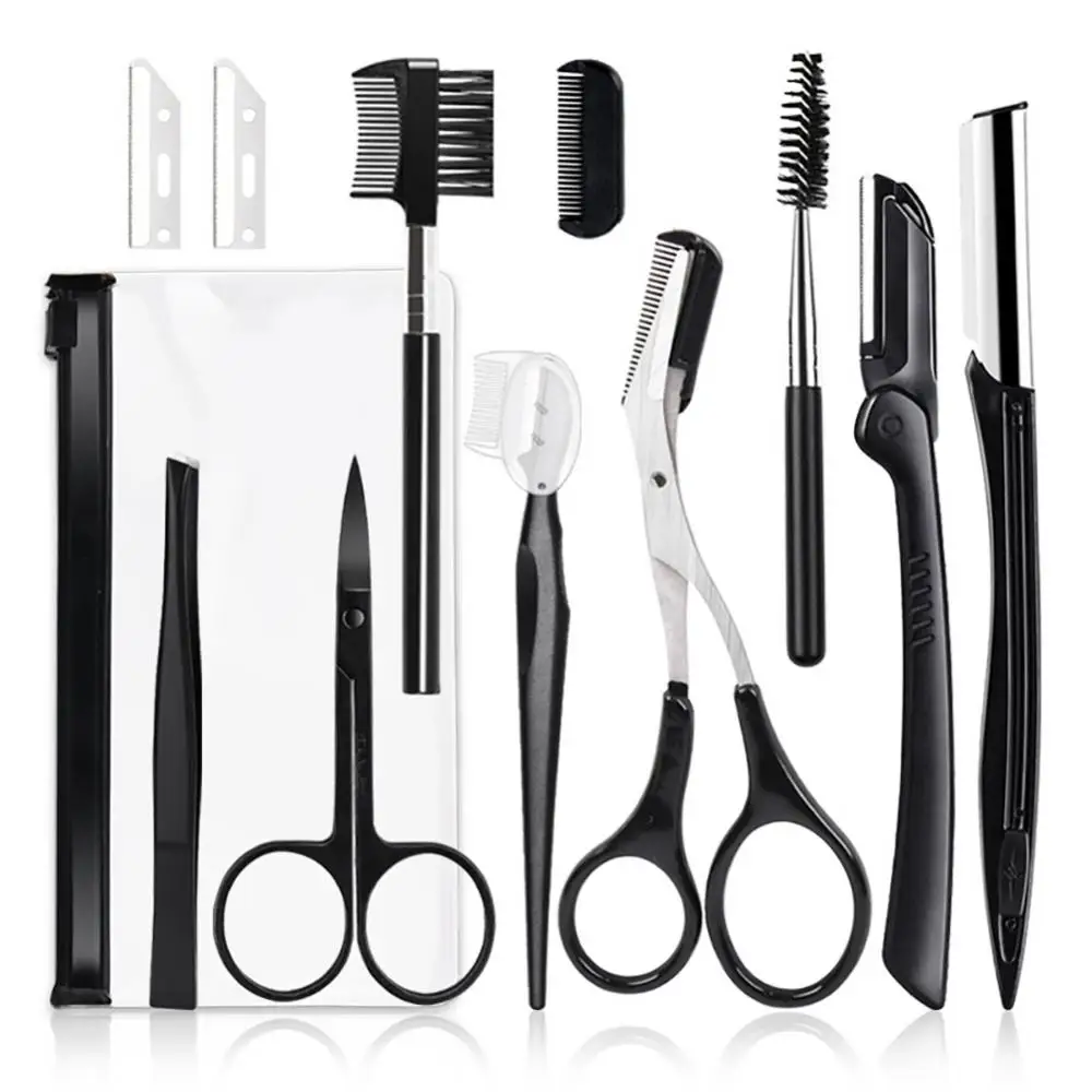 Eyebrow Trimmer Kit with Scissors Comb Razor Tweezers Eyelash Brush for Face