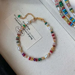 Vibrant Beaded Freshwater Pearl Necklace in Retro Gold Tone (Bracelet)