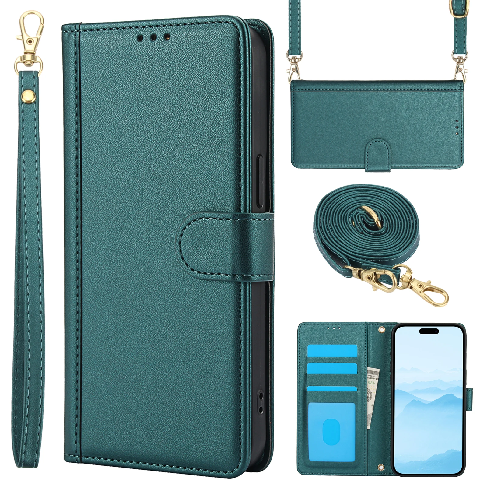 Capa de couro tipo carteira para cartões crossbody Solt para iPhone 16 Pro Max 15 Plus 14 13 12 11 XS XR SE 2022 Capa tipo cordão tipo livro_voghion.com
