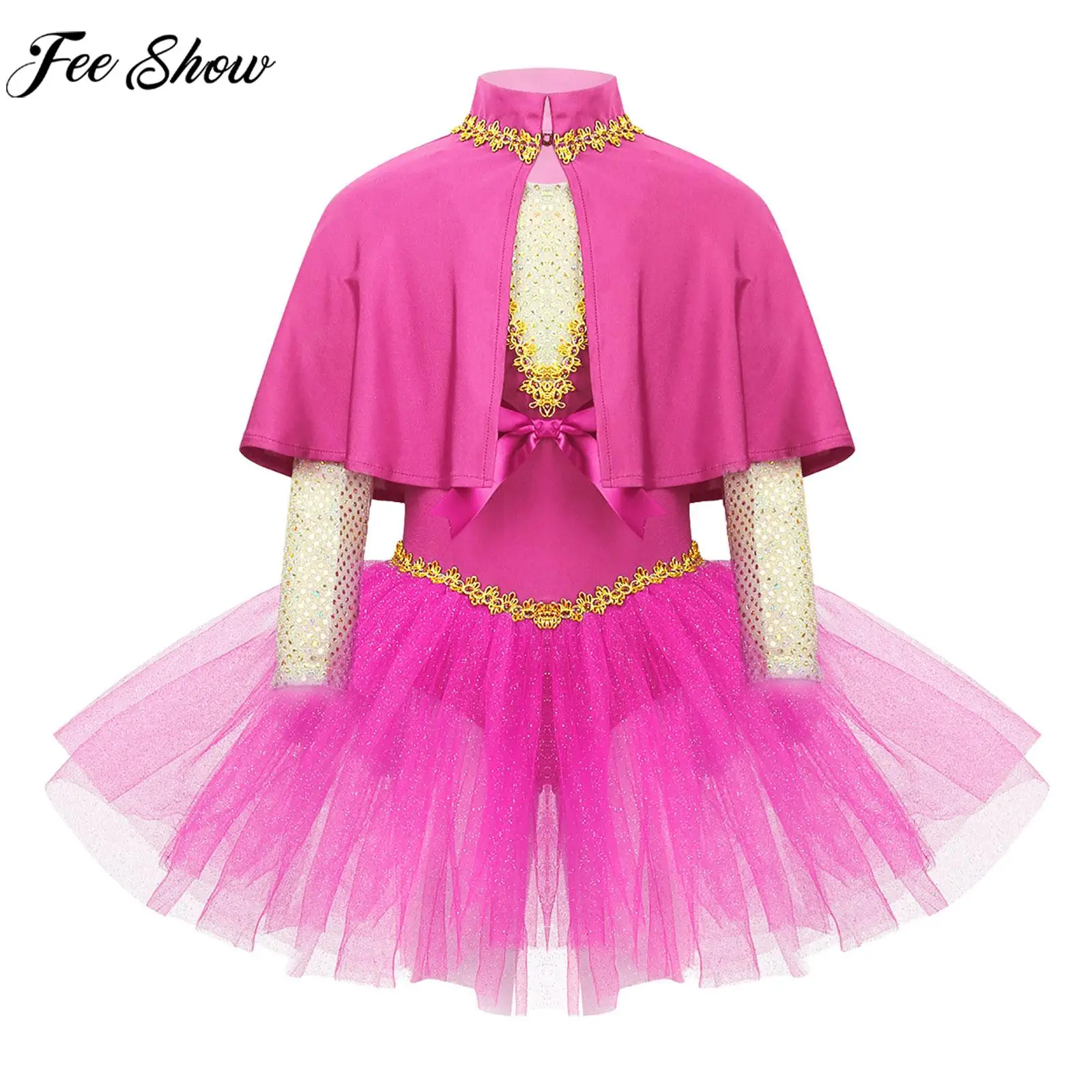 

Kids Girls Halloween Cosplay Costume Sequin Mesh Leotard Tutu Dress with Cape Arm Sleeves Theme Party Carnival Showman Outfits