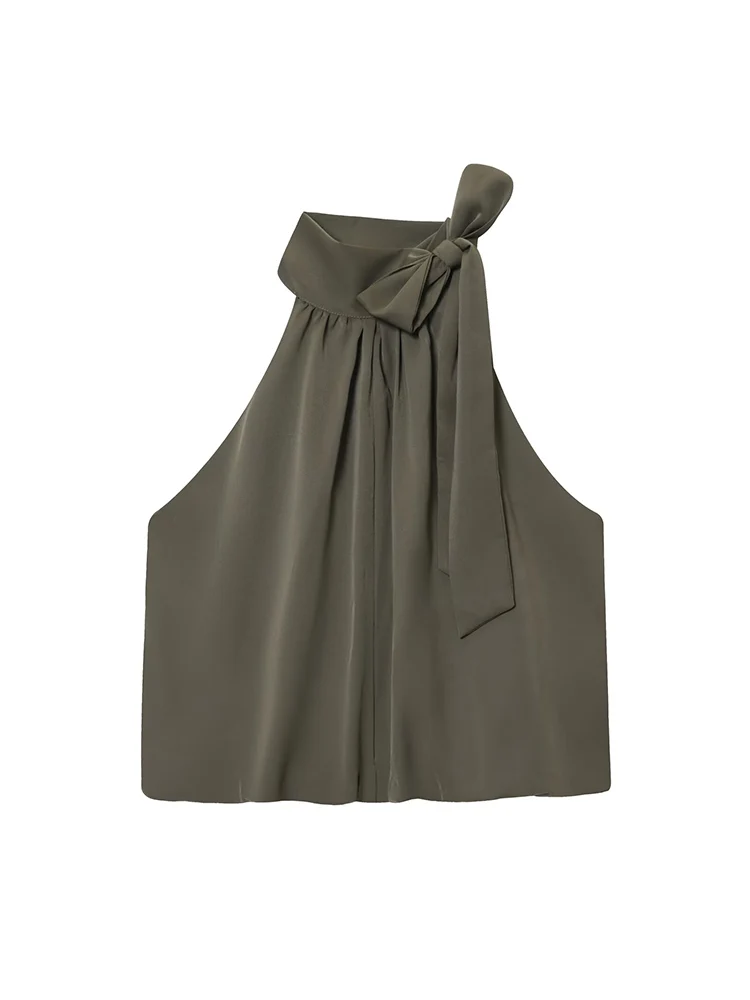 2025 New Women Fashion Tops With Bow Fashion Off Shoulder Tank Top Vintage Halter Neck Sleeveless Female Chic Pleated Tops