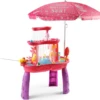 Water Table with Umbrella,3-Tier Kids Sand Water Table,Activity Sensory Play Table for Boys Girls,Rose red,Blue 6