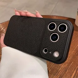 Luxury Matte Leather Texture Shockproof Phone Case with Air Lens Protection and Bumper Back Cover - iPhone 15 Plus (Black)