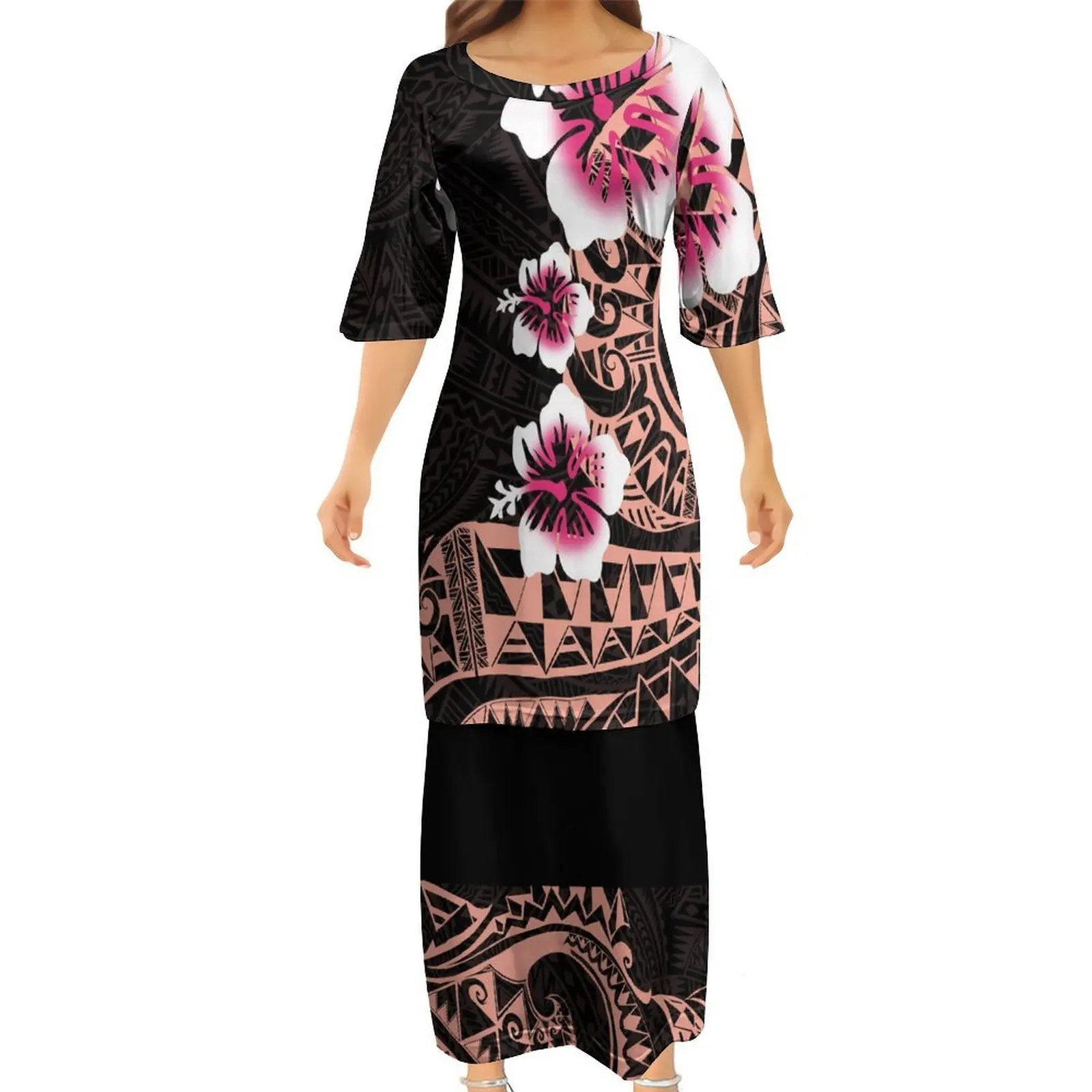 Custom-Made Women'S 2-Piece Set Of Top And Skirt Loose And Casual Island Retro Art Dress Polynesian Tribal Design Puletasi