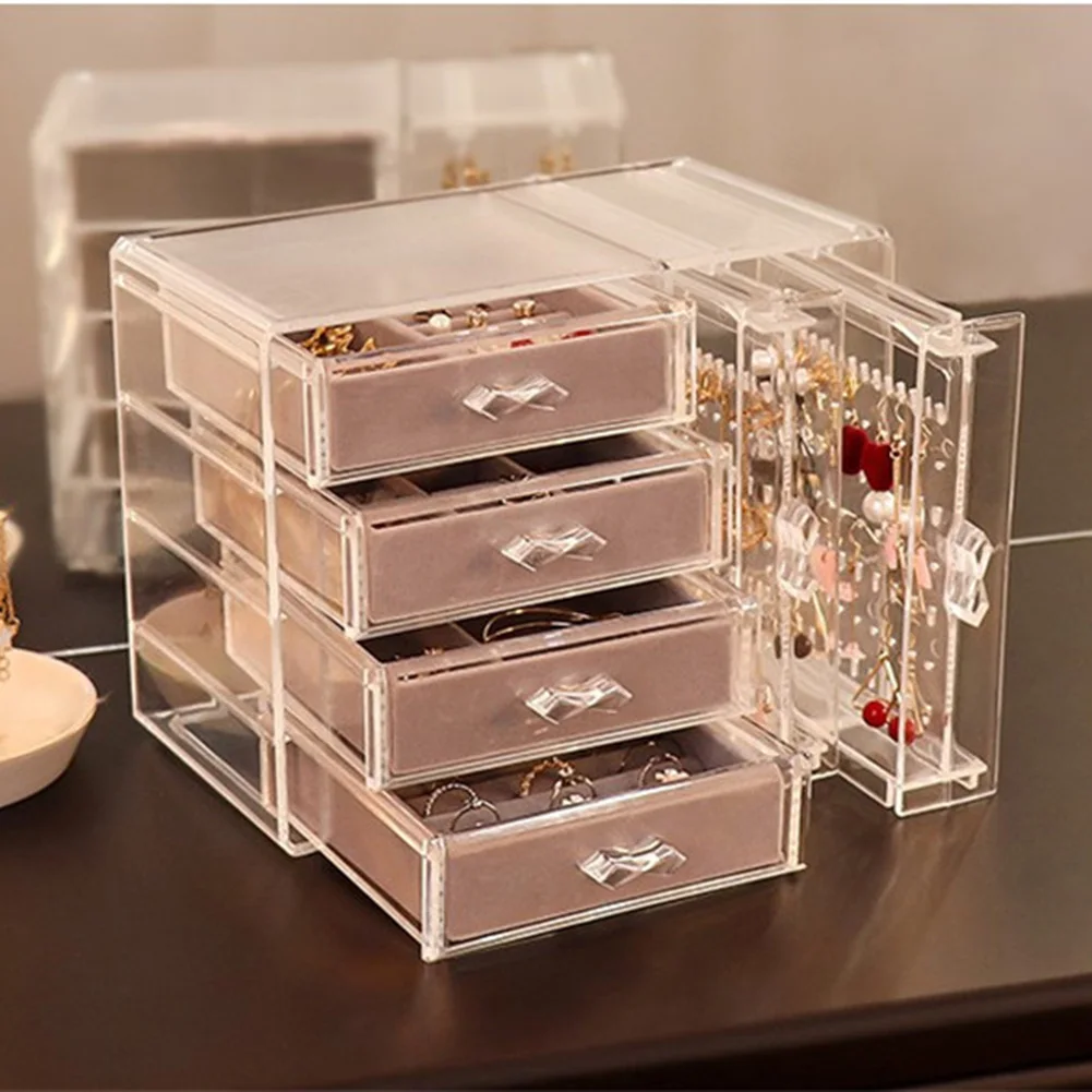 

4 Velvets Drawers Transparent Jewelry Box Durable Dustproof Organiser Case Jewelry Organization For Women Girls Bedroom