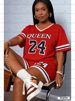 2026 American Style Queen 24 print Jersey T-Shirt Suit Women's men T-Shirt + Shorts Women Tracksuit 2 Pieces Set Women Clothing 1