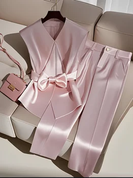 Elegant Solid Color Sleeveless Top and Trousers Set for Women