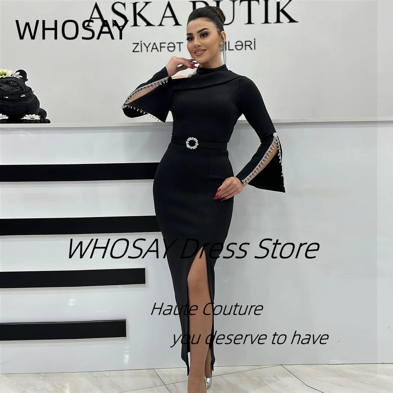 

Женское платье-Русалка WHOSAY, черное платье с Боковым Разрезом, с высоким воротником, для выпускного вечера, для дня рождения