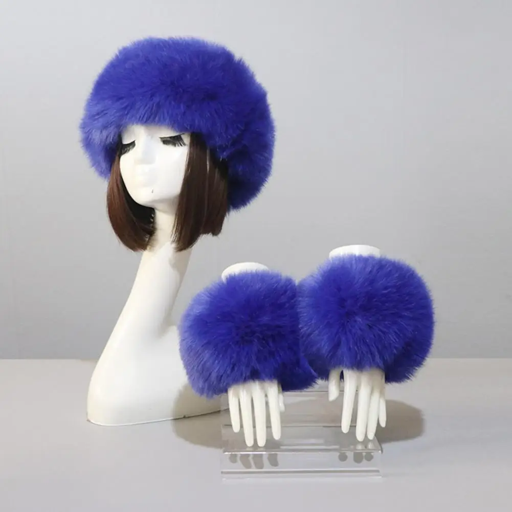 Women Headband Gloves Solid Color Faux Fur Furry Empty Top Hat Wrist Sleeves 1 Set For Outdoor