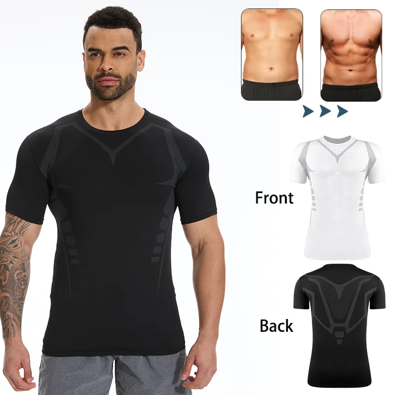 Men Compression Shirt Short Sleeve Gym Workout Body Shaper Rash Guard Abdomen Slimming Quick Dry T-Shirt Top Athletic Undershirt