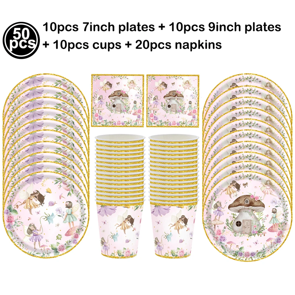Pink Butterfly & Flower Fairy Disposable Party Tableware Set - Plates, Cups, and Napkins