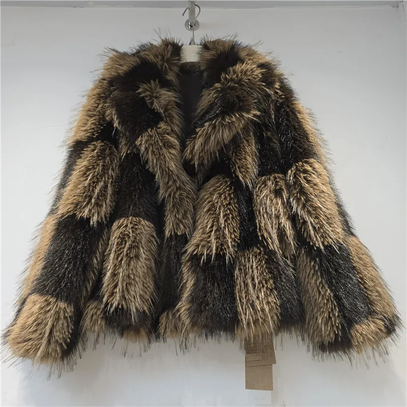DEAT Women 2026 Winter Patchwork Design Contrast Color Plaid Jackets Women Faux Fur Thickened Warm Hidden Button Coat 11C573