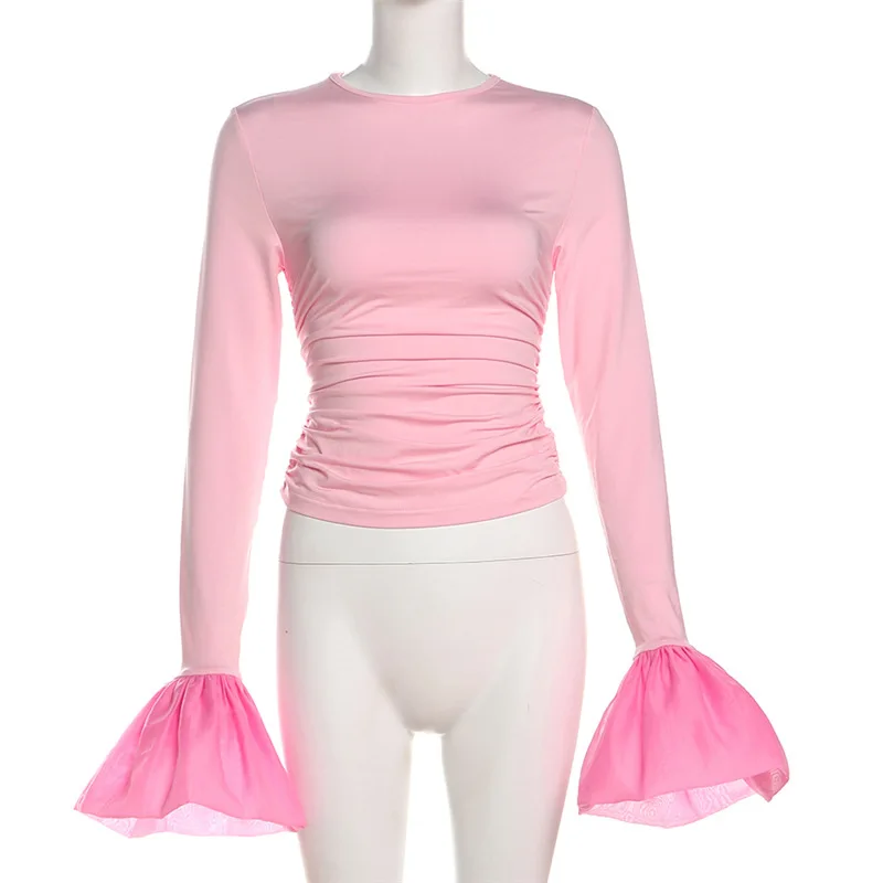 Mesh Ruffled Patchwork T-shirt Top For Women Long Sleeve High Waist Cropped Top Pullover Streetwear Female Slim Y2k Top