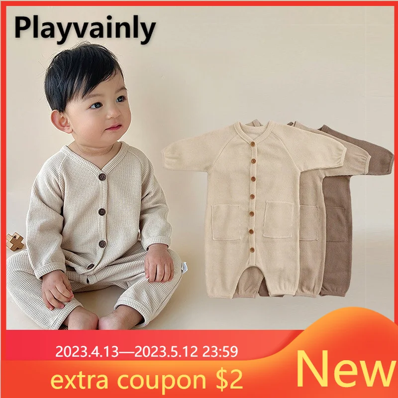 

New Spring Autumn Baby Girl Boy Romper Solid Waffle Single Breasted V-neck Jumpsuit Toddler Kids Unisex One-Pieces Clothes E1618