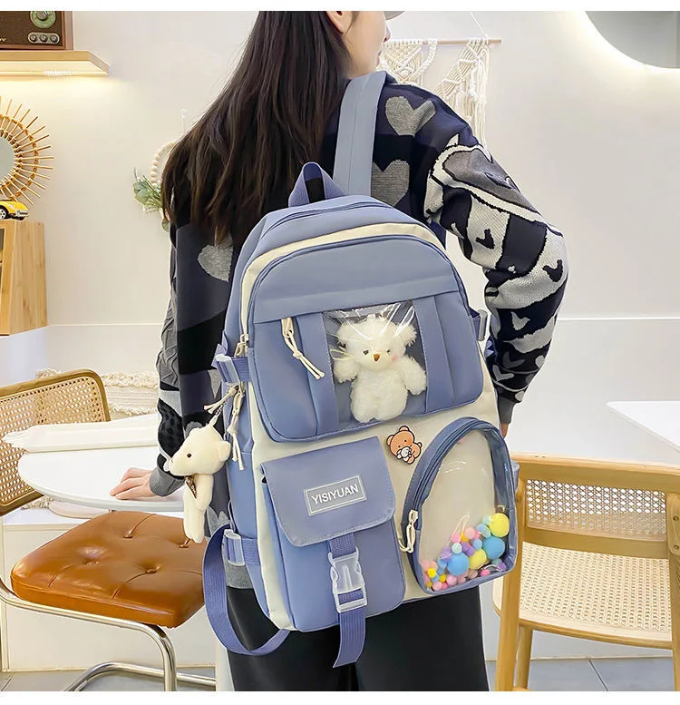 2022 New 5Pcs/Set Preppy Canvas Women School Backpacks for Teenage Girls Book Bags Students Cute Laptop Kawaii Backpack Female