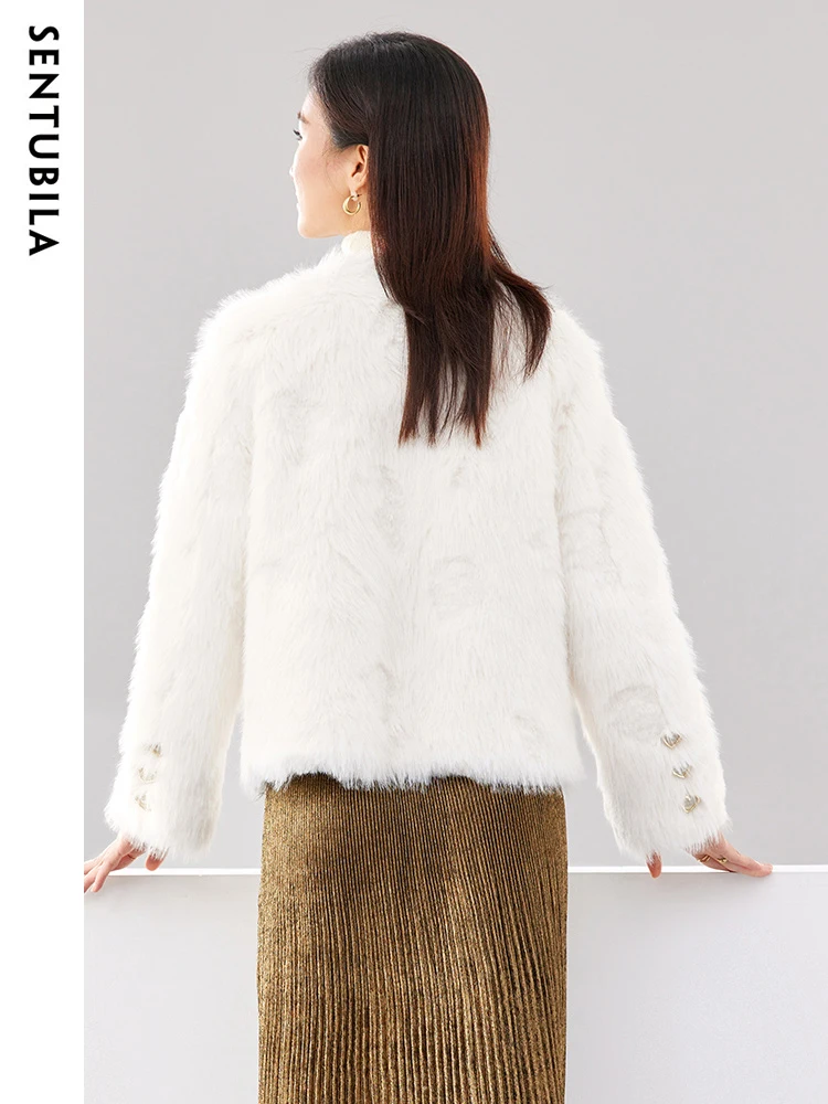 SENTUBILA High Quality Thick Warm Faux Fur Coat Women 2023 Autumn Winter Fashion V Neck Fur Integrated Fluffy Jacket W34W49726