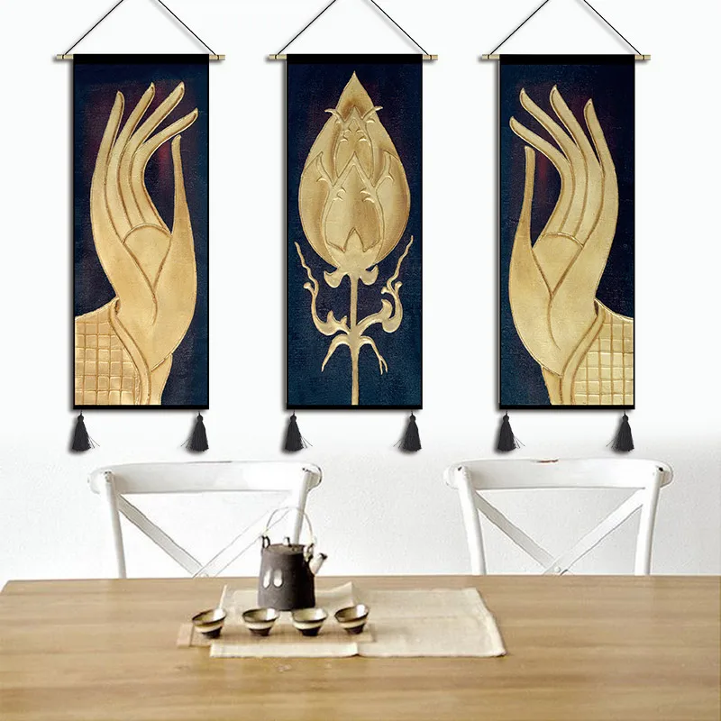 

New Chinese Zen Bergamot hanging painting, fabric decorative painting, tapestry, Chinese style triptych hanging cloth