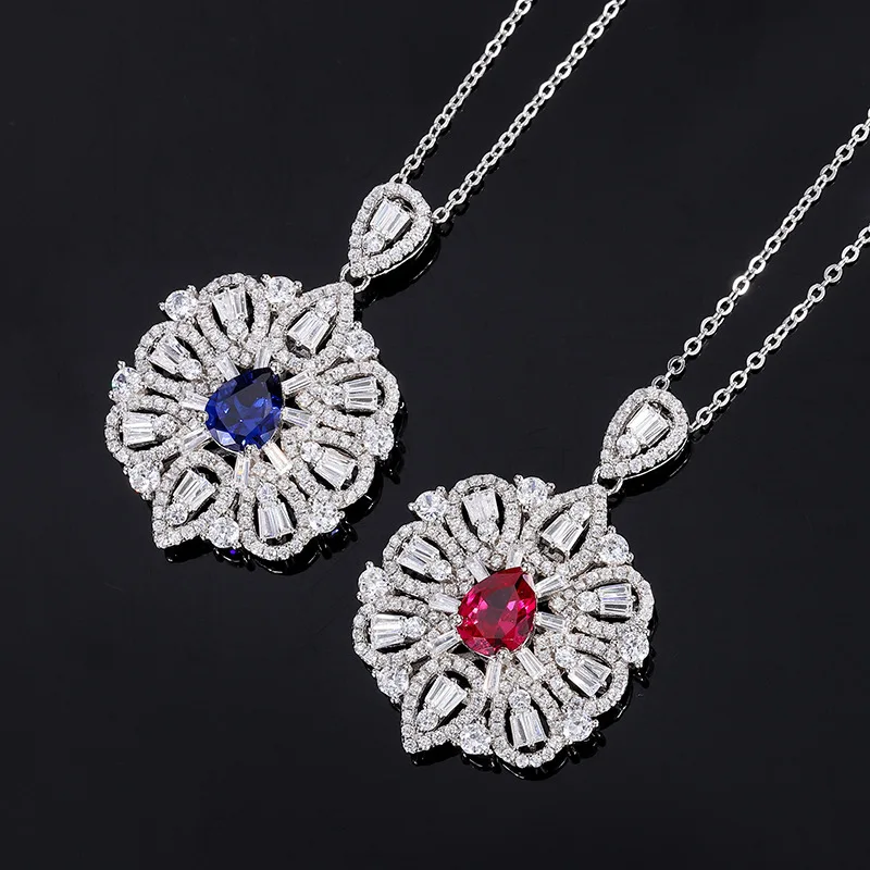 

S925 Sterling Silver Flower Lab Created Drop Ruby Sapphire Pendant Necklace For Women Free Shipping Luxury Jewelry Birthday Gift