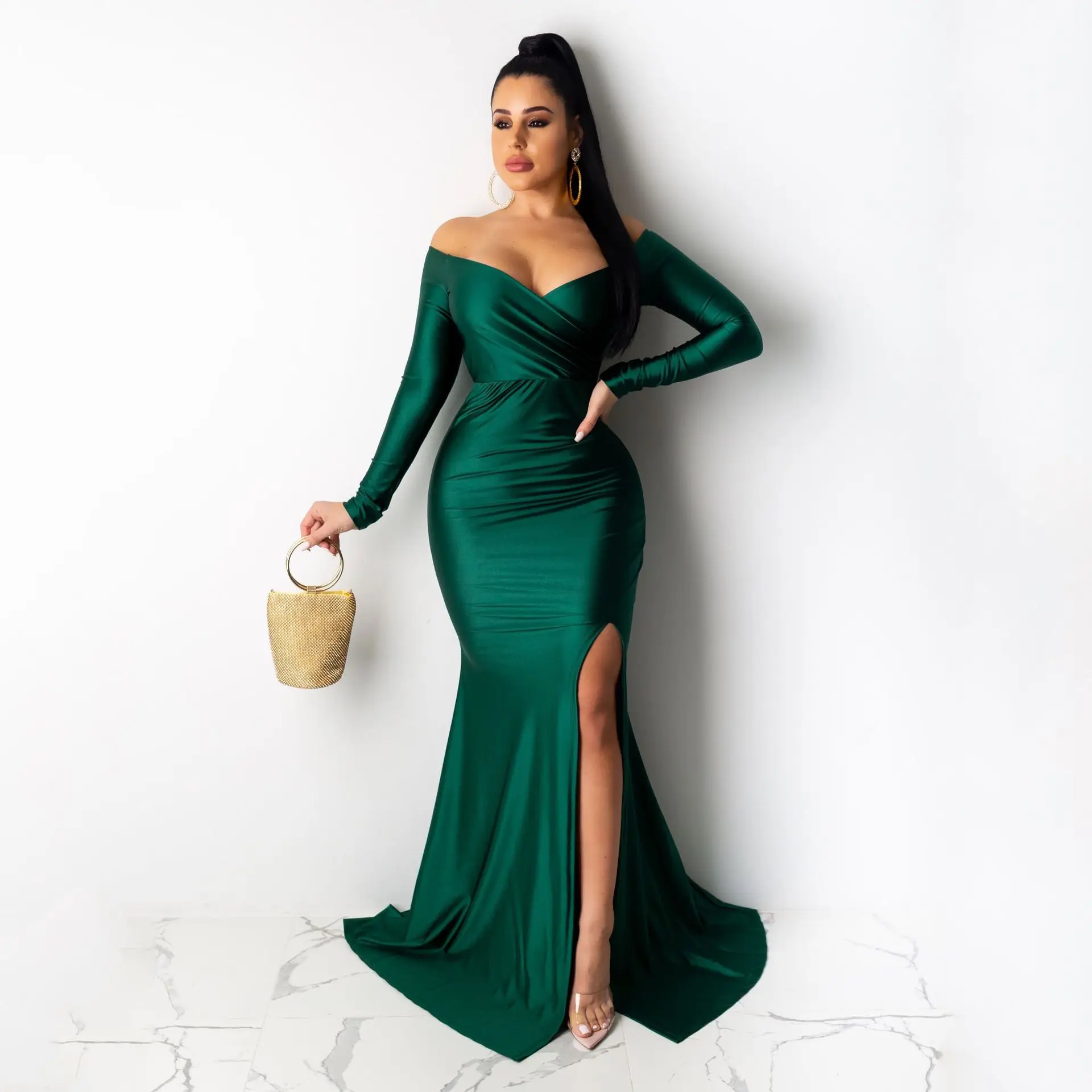 

Women Sexy Elegant V Neck Solid Color Long Sleeve High Slit Off The Shoulder Long Maxi Dress Fashion Night Club Evening Dresses